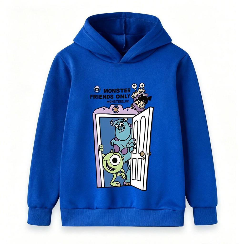 Stylish long sleeve kids hoodie with lovely monster character print, comfortable loose cut, great for school wear and weekend family outdoor trips.