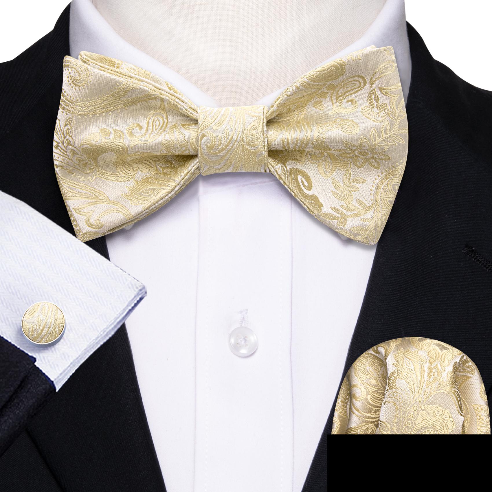 

Barry.Wang Mens Self Bow tie Hanky ​​Cufflinks Чорно-жовтий набір метеликів кольору слонової кістки LH-1161