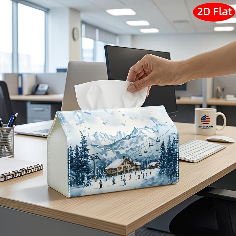 2D Flat, 1pc Tissue Box, Printed On Both Sides, Versatile Tissue Holder Featuring a Snowy Mountain Ski Resort Theme Sturdy Polyester Storage Solution