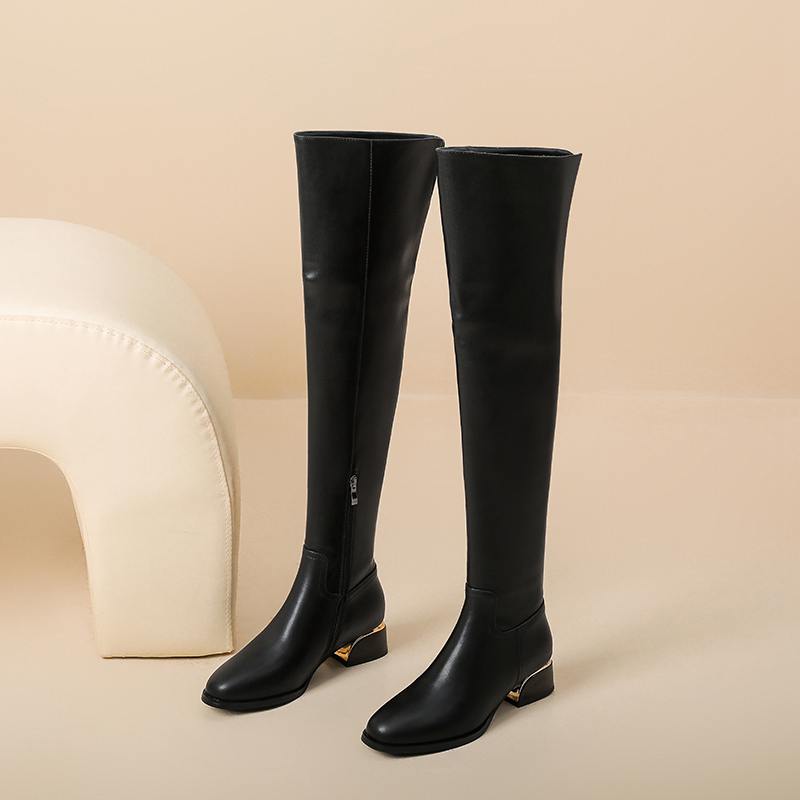 Krazing Pot Cow Skin Microfiber Round Toe Med Heels Over-the-knee Boots Size 46 Size 45 Slip on Plus Size Women Keep Warm Long Boots