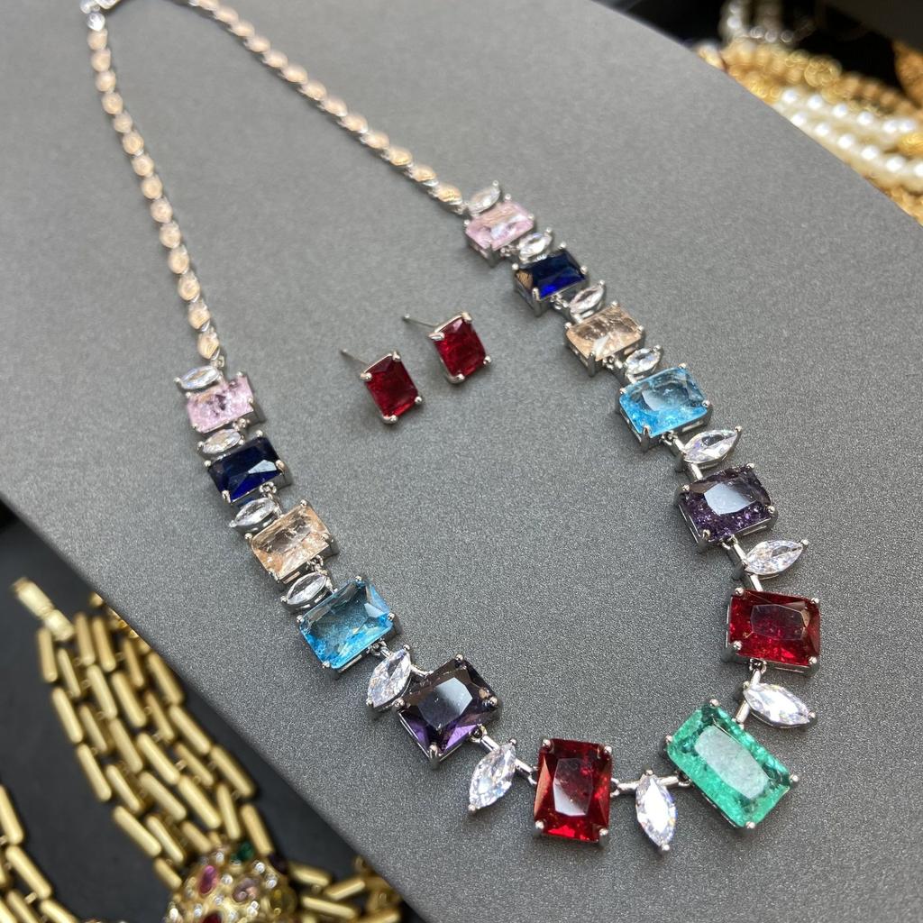 Necklace Women'S Clavicle Chain Premium Color Ice Shattered Zircon Necklace Red Earrings Two-Piece Set