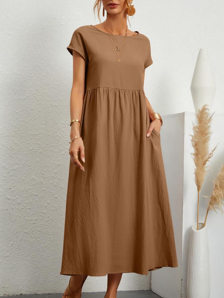 European and American Short-Sleeve Round Neck Cotton-Linen Long Dress with Pockets