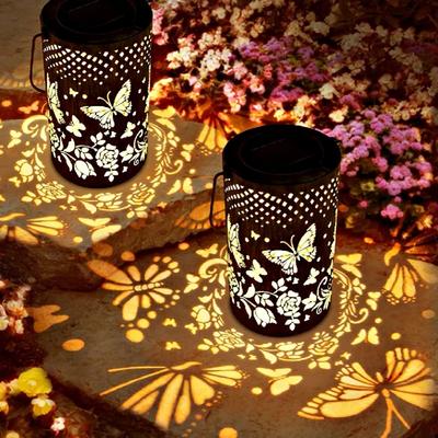 3PCS Solar Powered LED Hanging Lantern Metal Butterfly Flower Projection Lamp IP55 Waterproof for Outdoor Lighting Garden Decoration