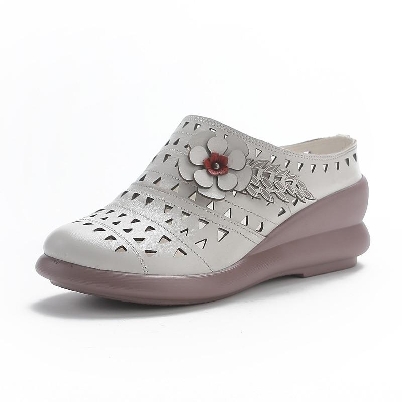 New muffin sole casual women's shoes leather flower hollow women's slippers breathable comfortable hole shoes