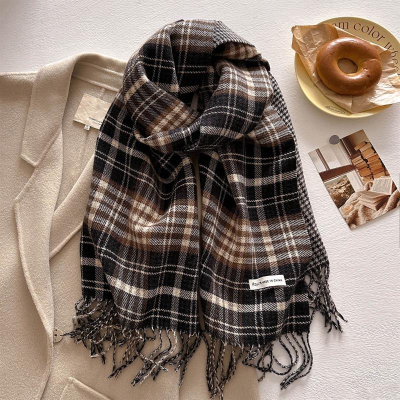 New retro plaid scarf women's autumn and winter medium and long warm scarf fashionable versatile fringed shawl
