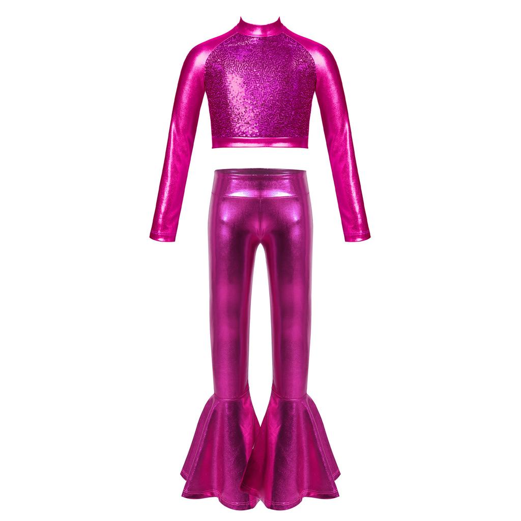 Dívčí kostým na jazzový tanec s rolákem, dlouhým rukávem, vpředu s flitry, metalický zkrácený top, zvonové lesklé kalhoty, sada