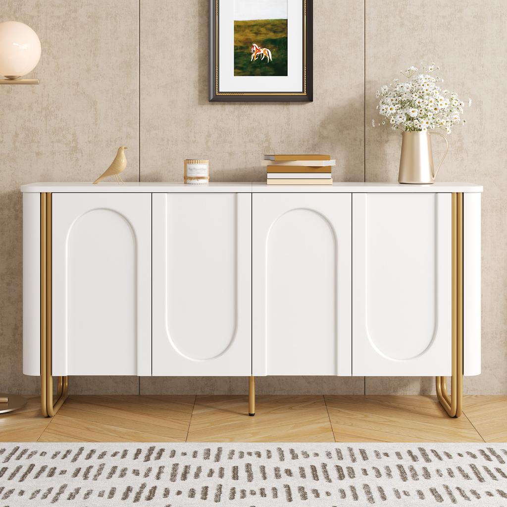 Sideboard Buffet MDF Iron Feet 4 Doors Arch Relief Rounded Corners Push-to-Open Staggered Storage Living Room