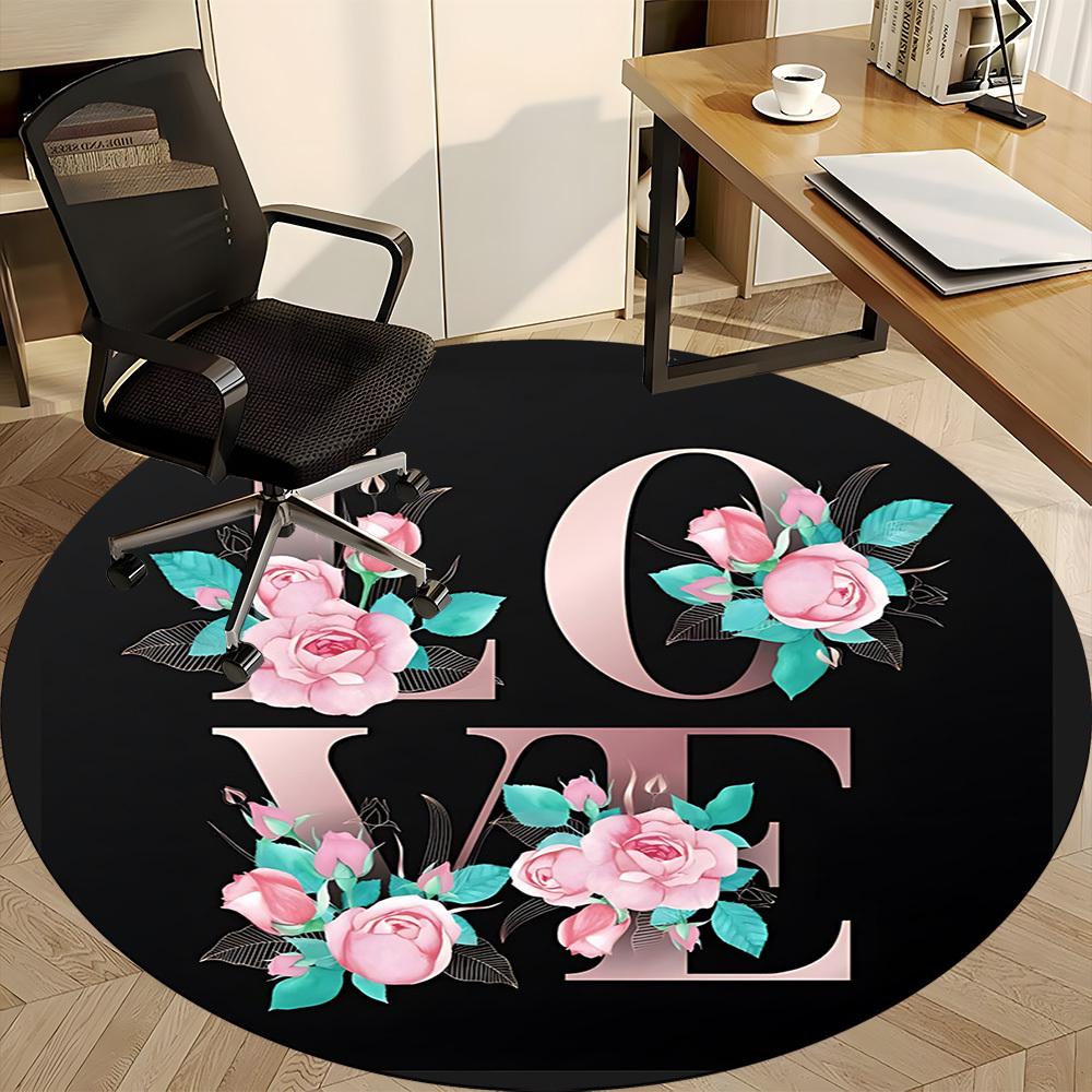 1 st Blommigt Kärlekstryck Stolmatta för Kontor, Rund Polyestermatta, Inomhusdekor för Kontor, Lättskött Tyg, Tvättbar Halkfri Områdesmatta