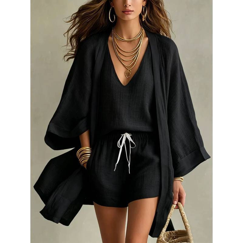 Summer Casual Set For Women With Sleeveless Cardigan And Shorts Made Of Cotton Linen For Relaxed Wear