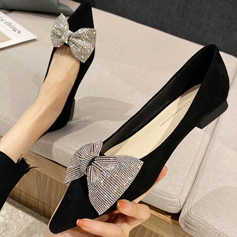 Fashion crystal beading bow flat shoes woman pointed toe suede leather moccasins women elegant bowknot flock loafers plus size 43