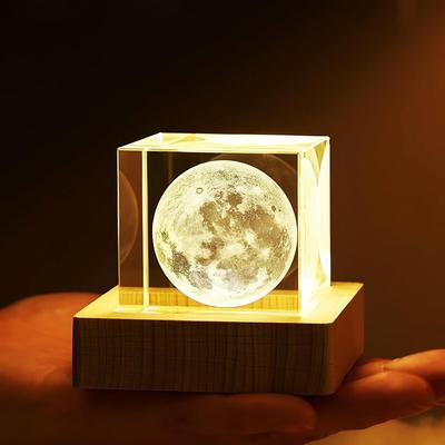 3D Crystal Moon Lamp with USB LED Light & Wooden Base | Warm White Crystal Cube Night Light for Bedroom, Home Décor