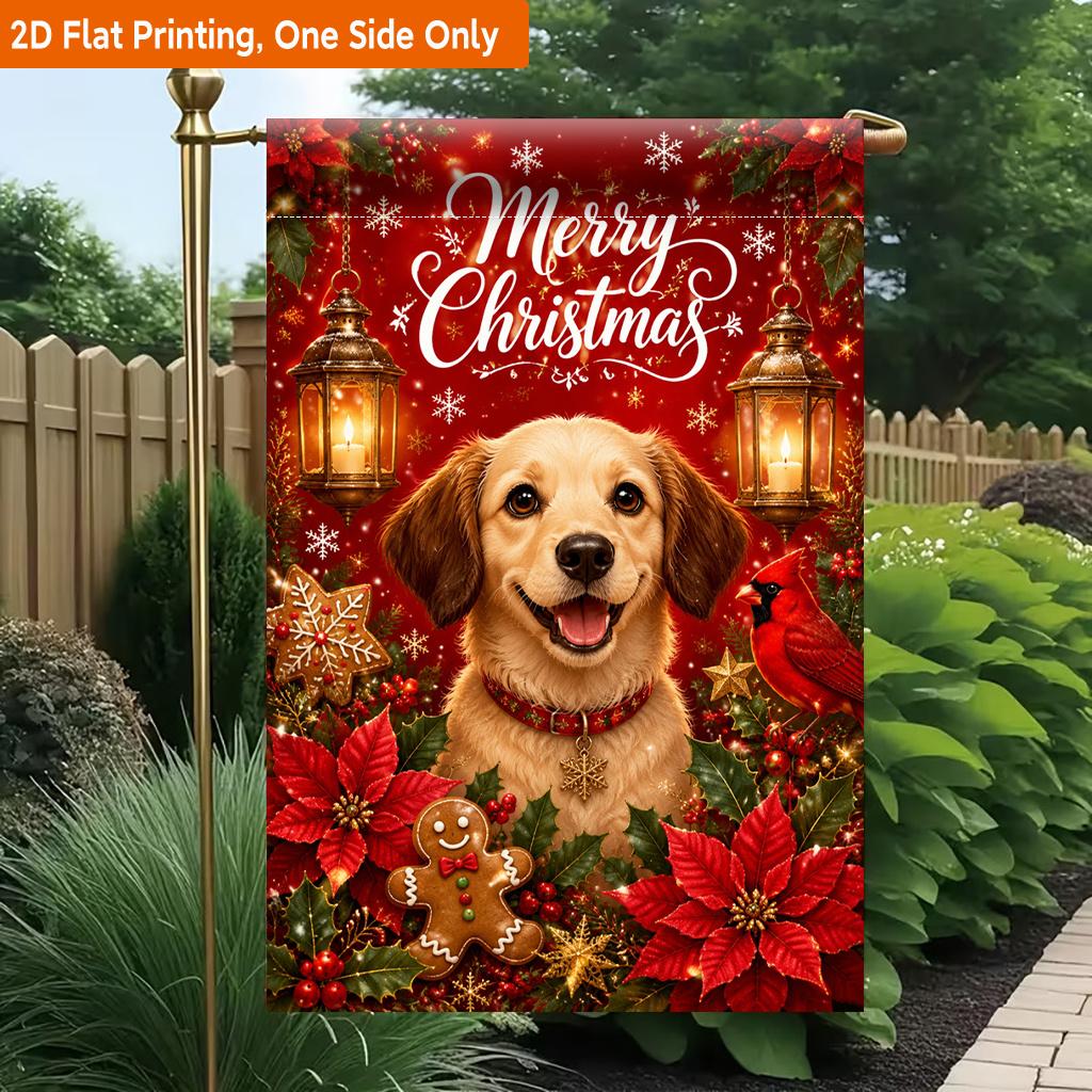 2D Flat - 2D Flat Printing Garden Flag 1pc, Christmas Flowers Lantern Gingerbread Dog Durable Single-Sided Print Yard Flag, Garden & Home Holiday Deco