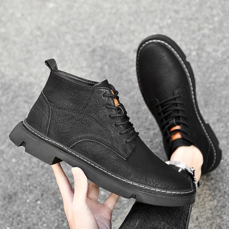 Herrenstiefel aus echtem Leder, hohe Qualität, warmes Plüschfell, Winterschuhe, Herren-Freizeitschuhe, Stiefeletten, rutschfeste Motorradstiefel