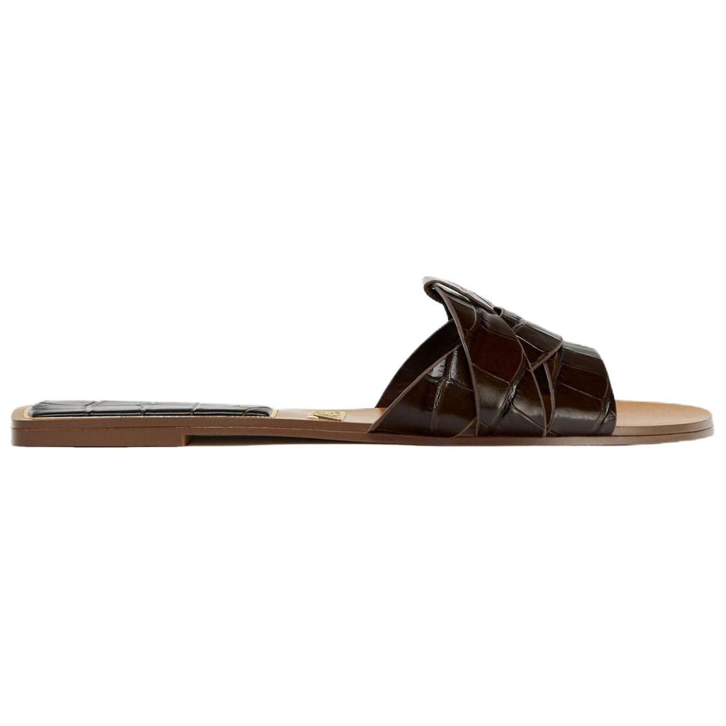 Zara Retro Versatile Trendy Chocolate Embossed Flat Leather Non-Slip Slide Sandals Women sandals Brown 12612510116