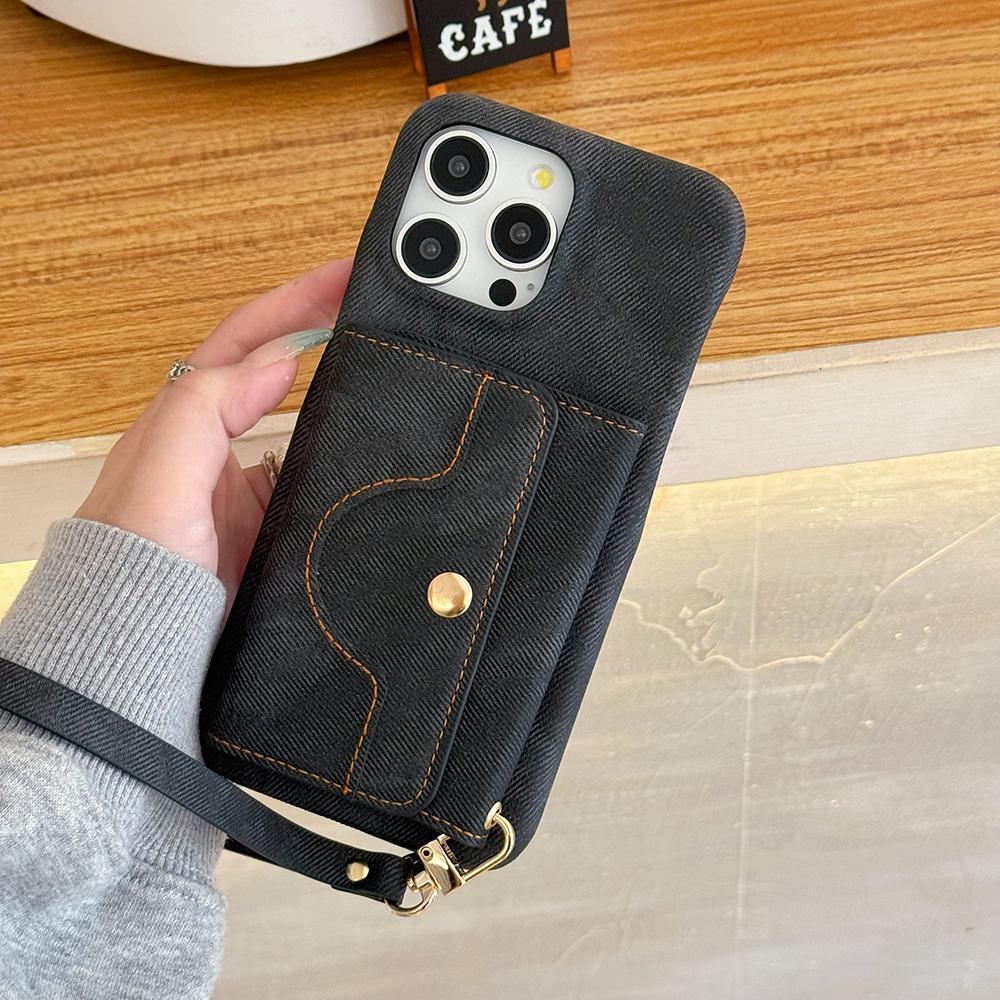 Für iPhone 16 Pro Hülle Kartenfächer Spiegeldesign Jeansstoff Textur PU Leder Rückseite mit Trageband