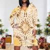 Women Plus Size V Neck Long Sleeve Yellow Brown Printed Fitted Straight Dress