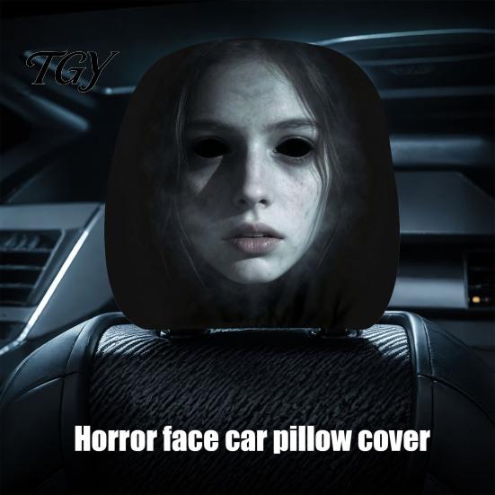 Funny Prank Car Accessories 2Pcs Ghost Face Headrest Covers, Halloween Horror Seat Decorations, Holiday Atmosphere Decor Universal Fit