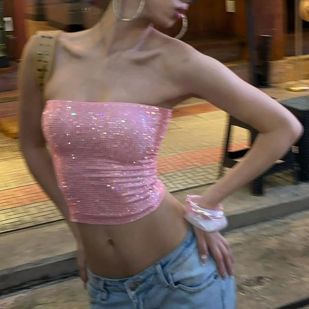 Nuevo Top de Tirantes Sexy Brillante sin Espalda Ajustado de Calle de Moda para Mujer