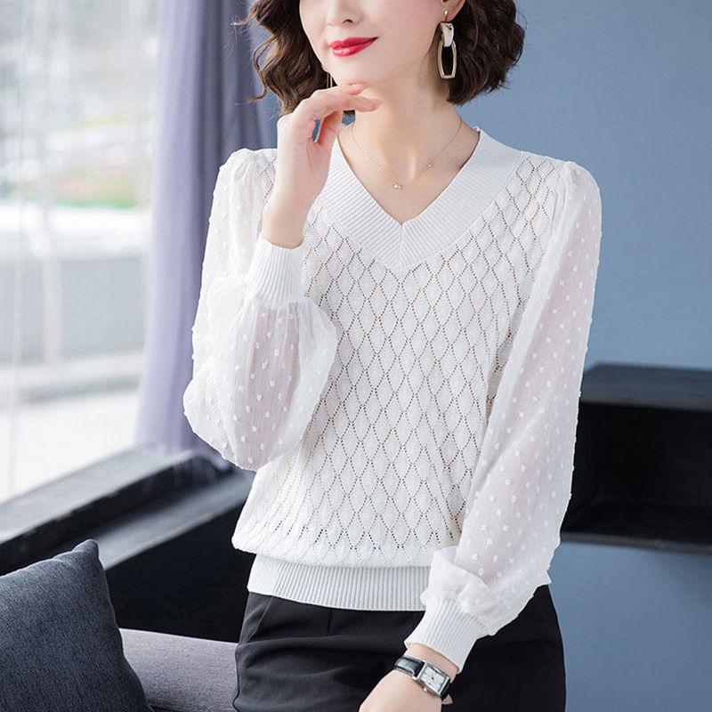 Dámský svetr volného střihu s výstřihem do V, dutý top, letní temperament, ledově hedvábný pletený základní top