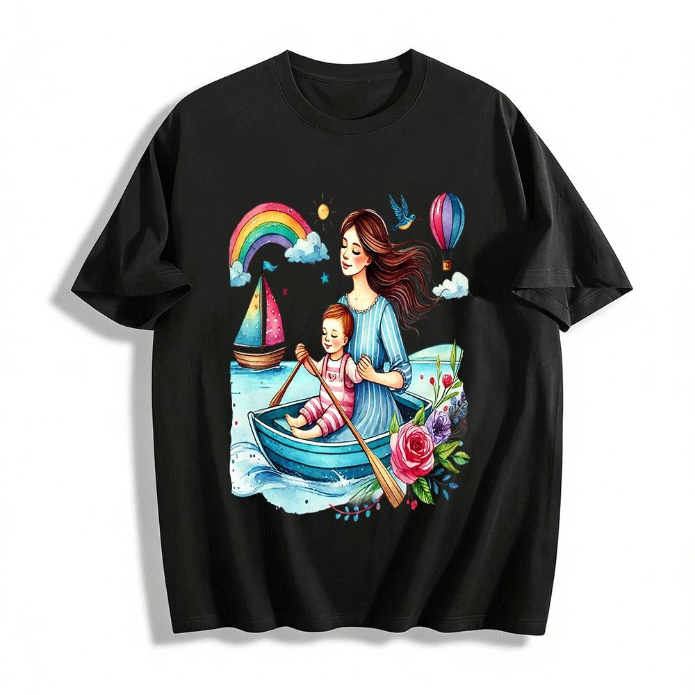 Mother And Child Rowing Boat Print Casual Family Outfit Top Pure cotton T-shirt XXS