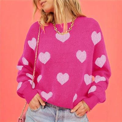2025 Autumn Plus Size Heart Pattern Round Neck Loose Knit Sweater for Women