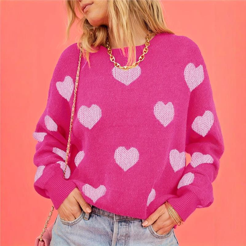 

2025 Autumn Plus Size Heart Pattern Round Neck Loose Knit Sweater for Women 4XL