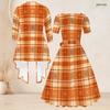 Women Plus Size Abstract Printed Two Piece Set Square Neck Short Sleeve Tie Waist Flared Dress And Long Sleeve Cardigan