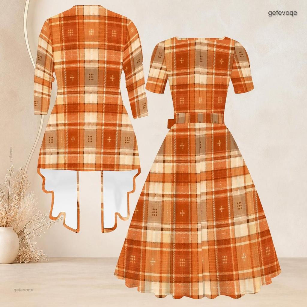 Women Plus Size Abstract Printed Two Piece Set Square Neck Short Sleeve Tie Waist Flared Dress And Long Sleeve Cardigan