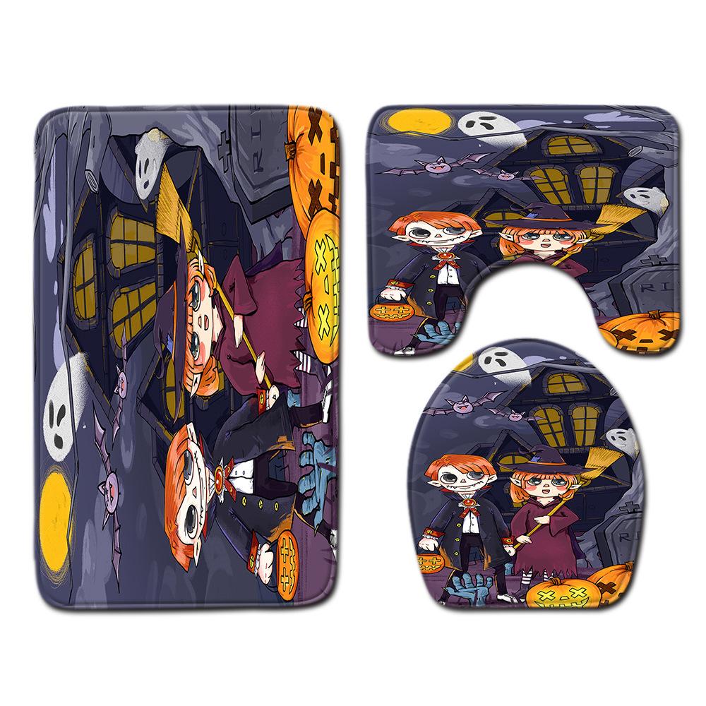 Halloween Shower Curtain Floor Mat Combination Four-Piece Set Bathroom Toilet Carpet Shower Room Foot Mat