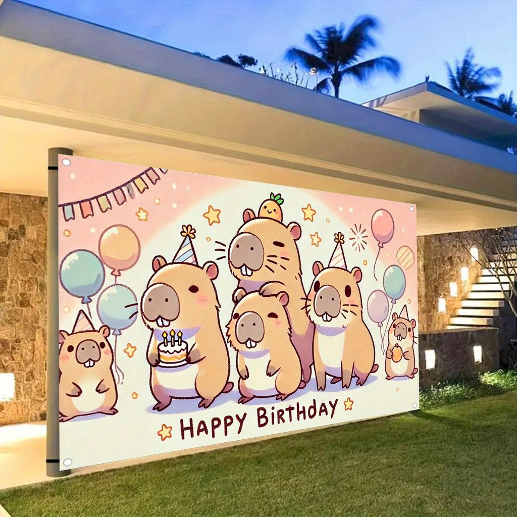 Stendardo di compleanno colorato con capibara in poliestere, sfondo allegro con capibara, decorazione per feste