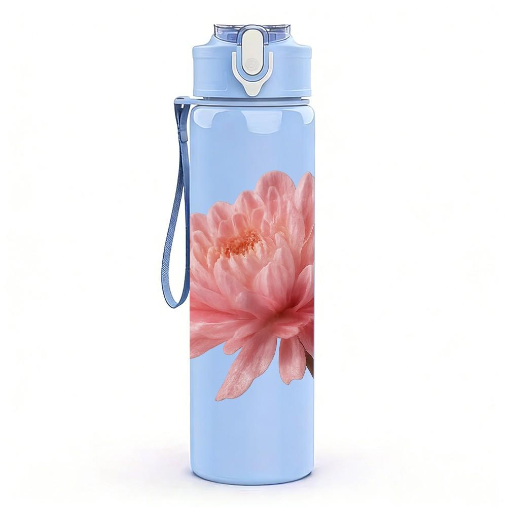 1PC Single Pink Lotus Bloom Art 750ml Color Plastic Sports Water Bottle Leakproof Flip Straw Lid For Sports Office Home Use