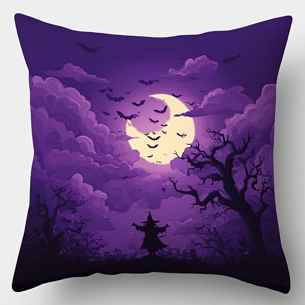 Home Decor Halloween Night: Bats, Moon  & Witch Scenes Pattern Cushion Cover Suitable For Sofa Bedroom Car Pillow Cover 40x40cm