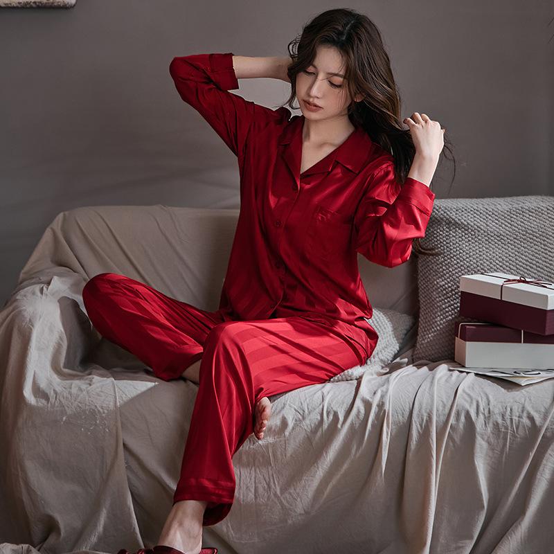 Couple’s Red Wedding Pajama Set Long Sleeve Top and Pants Newlywed Bridal Sleepwear