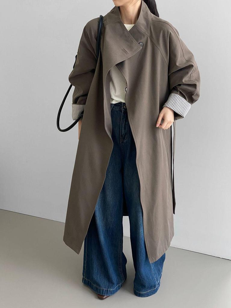 Women's High-End Korean British Retro Trench Coat: Stand-Up Collar, Waist-Cinching, Loose Fit, Mid-Length (5052-1)