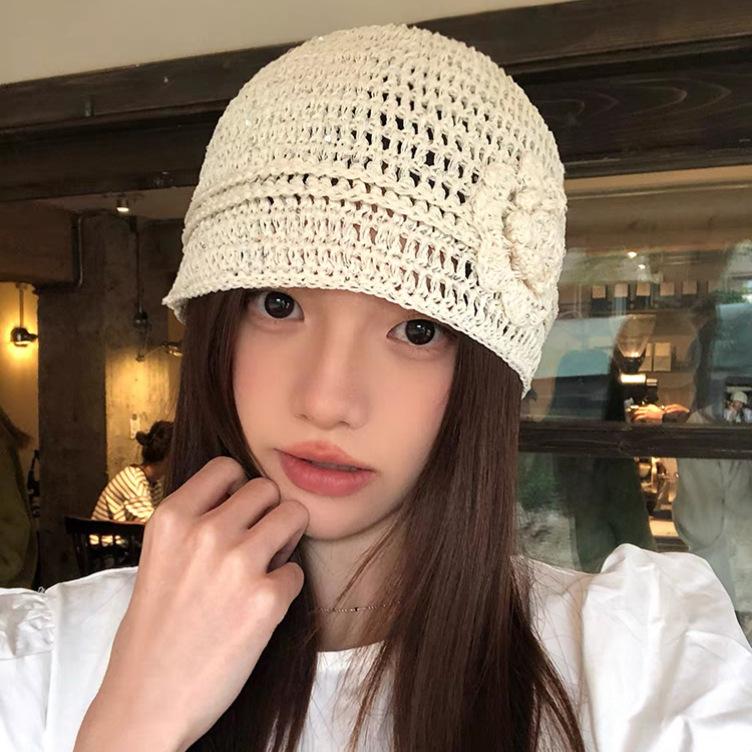 Hand-crocheted hollow flower pullover hat women's spring summer breathable thin elegant temperament versatile white bag head hat