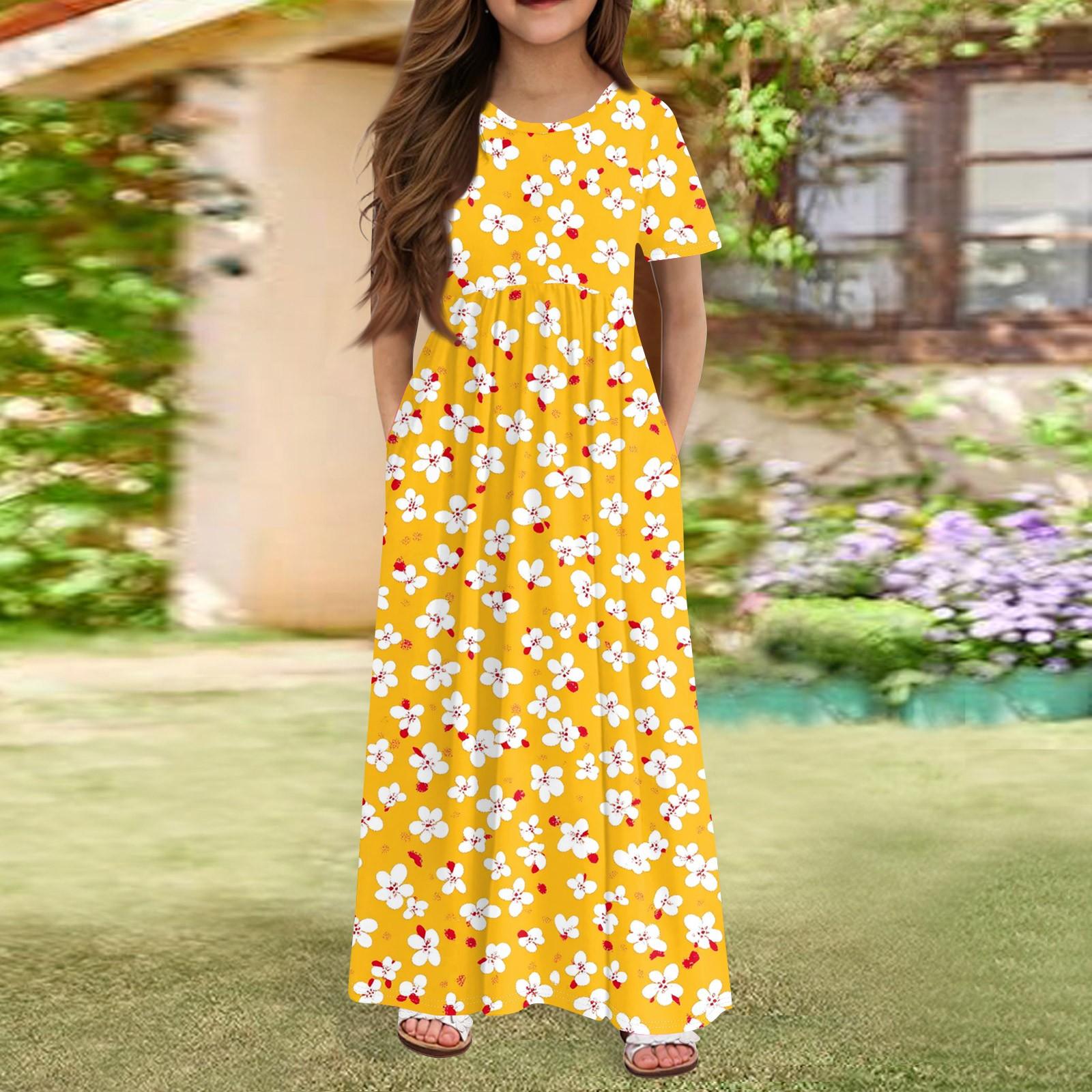 

Длинное летнее платье для девочек - платье макси с короткими рукавами и карманами для детей 4-14 лет 160 жёлтый