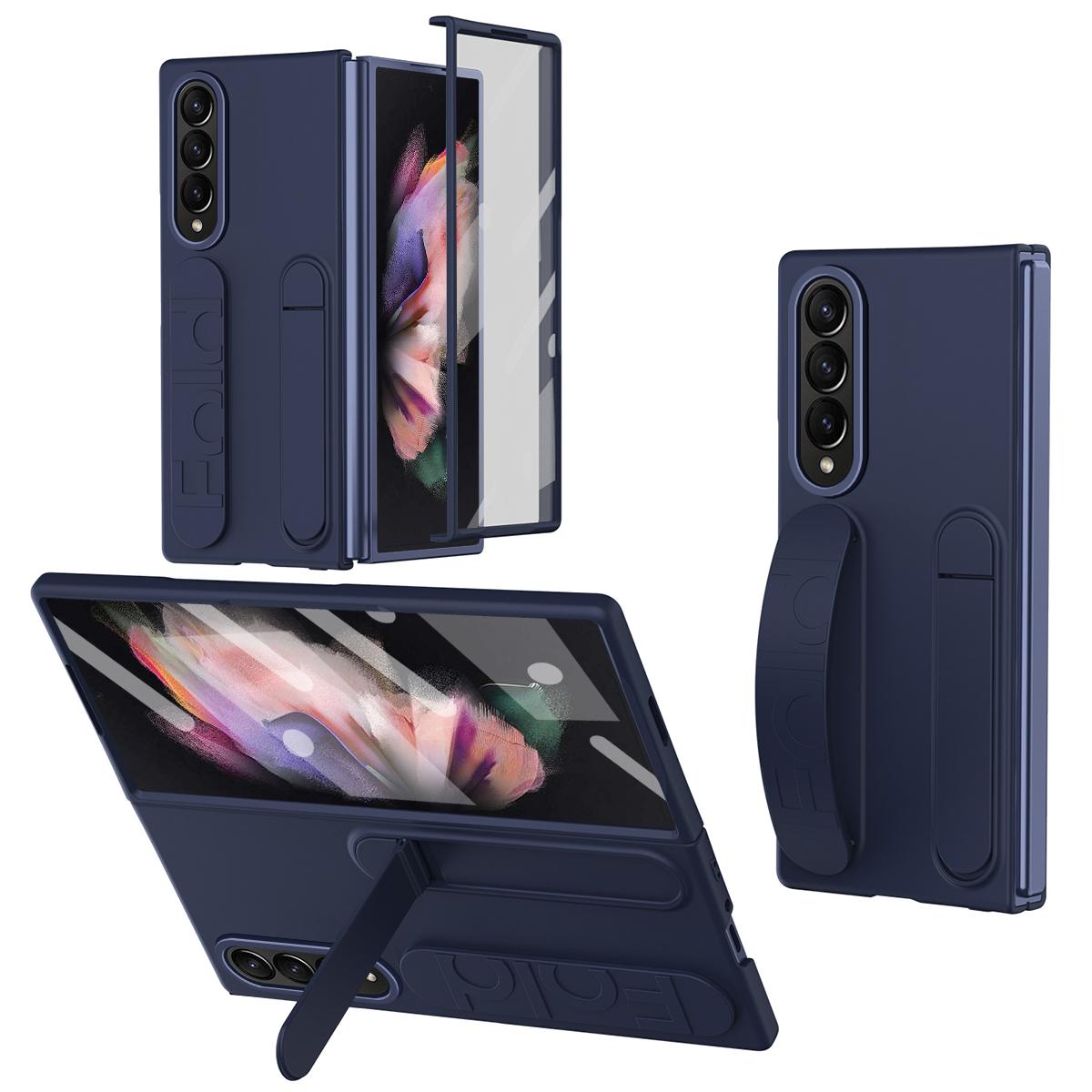 

For Samsung Galaxy Z Fold3 5G Case Kickstand Wristband PC Phone Cover with Tempered Glass Film Blue