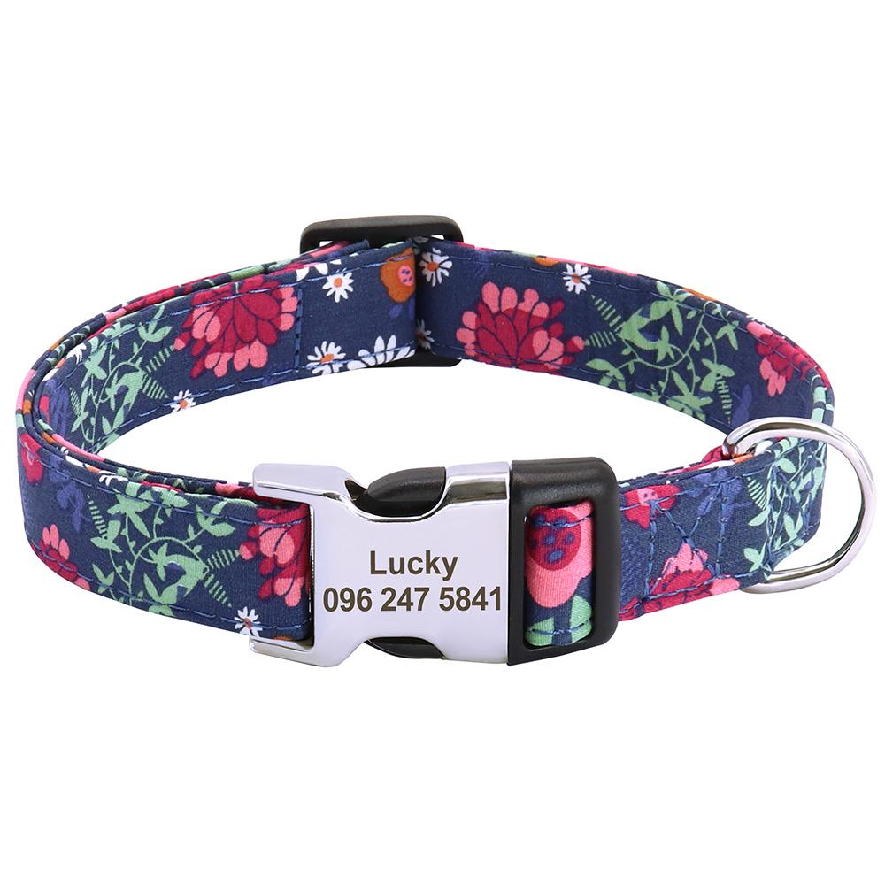 Printed Nylon Personalized Dog Collar Custom Dog Collar Floral Puppy Necklace Engraved Name for Small Medium Large Dogs Bulldog