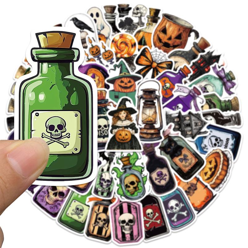 50PCS Retro Halloween Magic Potion Stickers Magic Skull Bat Potion Sticker Skull Pumpkin Theme Potion Sticker Gothic Style Vinyl