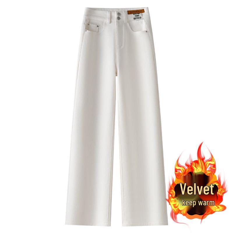 

Women s White Fleece-Lined Wide-Leg Jeans, Autumn/Winter 2024, High-Waisted and Thickened for Warmth. 2XL