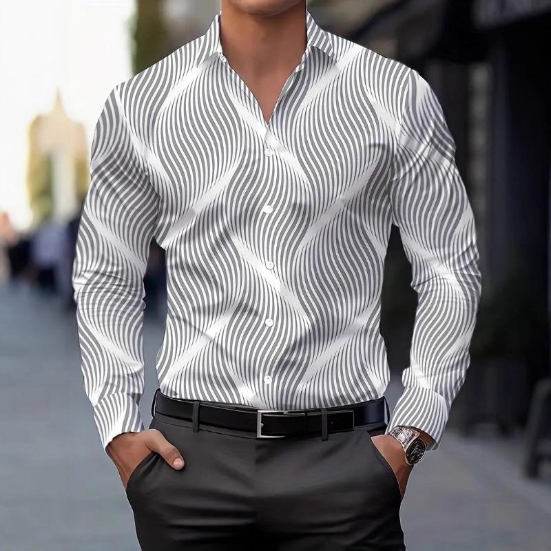 Men Casual Slim Fit Long Sleeve 3d Printed Striped Open Front Shirt