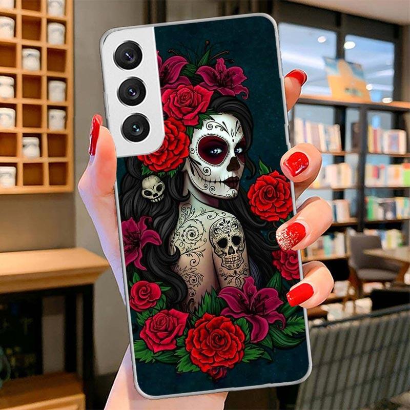 Catrina Beautiful Rose Girl Skull Cover Phone Case For Samsung Galaxy S26 S25 Edge S24 Ultra S23 S22 Plus S21 S20 FE Soft Fundas