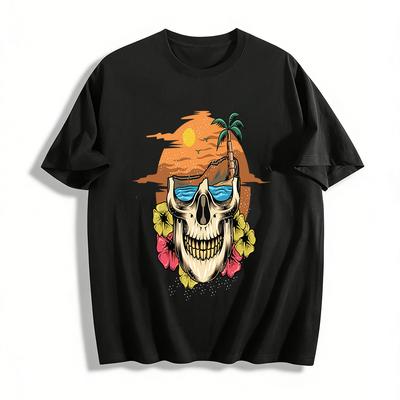 Vintage Island Skull Print Tee Casual Vacation Trendy Top Pure Cotton T-shirt