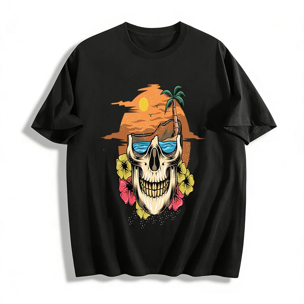 Vintage Island Skull Print Tee Casual Vacation Trendy Top Pure cotton T-shirt