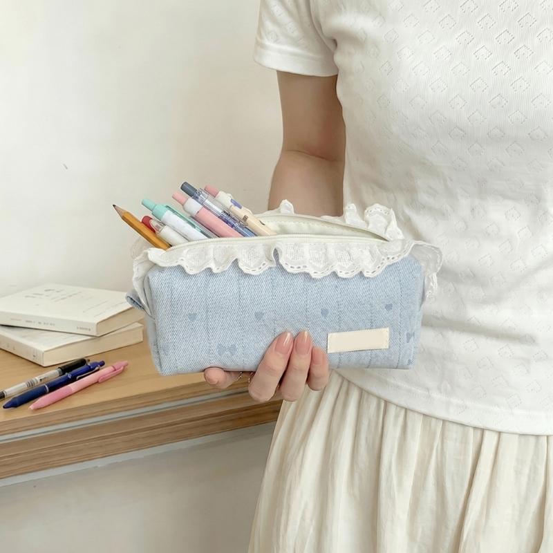 Lace Trim Pencil Case with Top Closure, Embroidered Heart Design for School Supplies, Desk Storage and Journaling