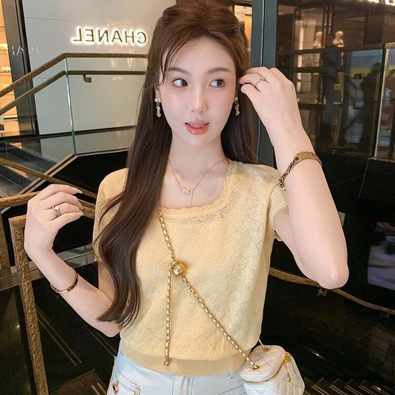 Fish Rabbit s Women s Square Neck Knit Short Sleeve T-Shirt S