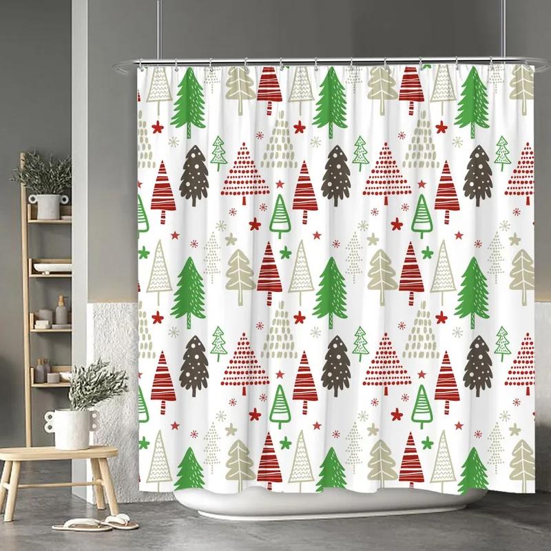 Christmas Shower Curtain Santa Claus Snowman Moose Cartoon Christmas Tree Winter Home Polyester Fabric Bathroom