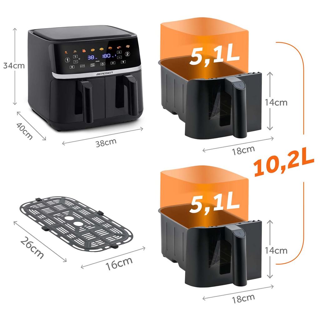 Friggitrice ad aria grande 10,2L Friggitrice ad aria XL Doppia camera Berdsen 1700W Bd-657 Nero