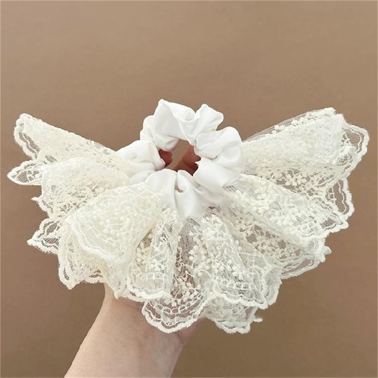 Eye Catching Lace Hairband Voluminous Double Layer Ruffled Concealed Elastic Hair Tie For Effortless Low Ponytails