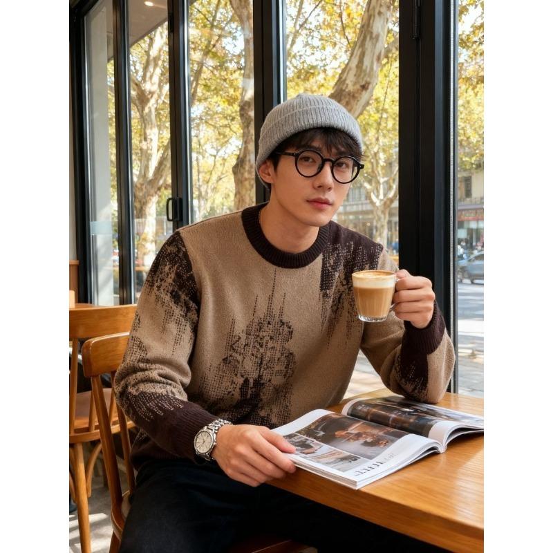 Lös American Crew Neck Höst Vinter Ny Stil Pullover Bekväm Snygg Lat Tröja Färgblock Jacquardstickad Topp